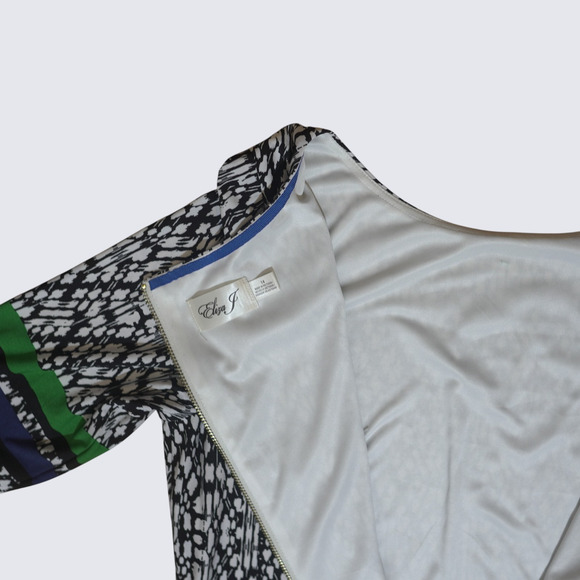 Eliza J Shift Dress Sz 14 Eclectic Print with Striped Trim Gold Zip Short Sleeve - Picture 9 of 16